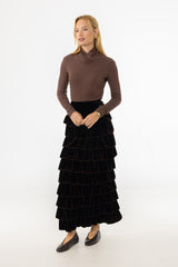 Brown Ruffle Velour Maxi Skirt