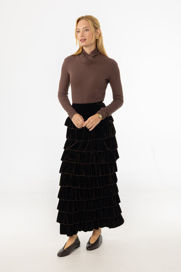 Brown Ruffle Velour Maxi Skirt