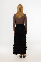 Brown Ruffle Velour Maxi Skirt