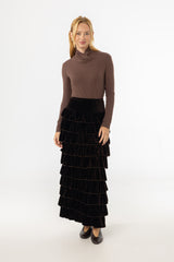Brown Ruffle Velour Maxi Skirt