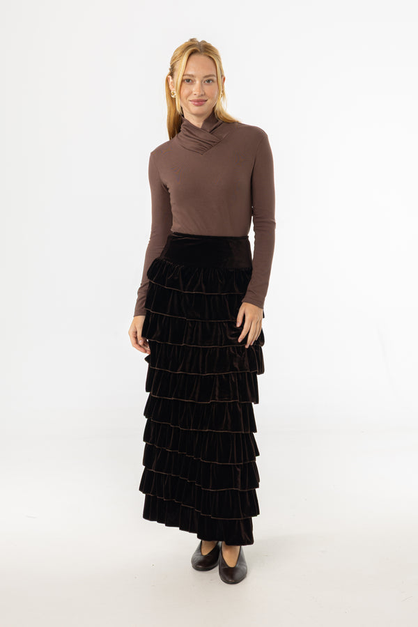 Brown Ruffle Velour Maxi Skirt
