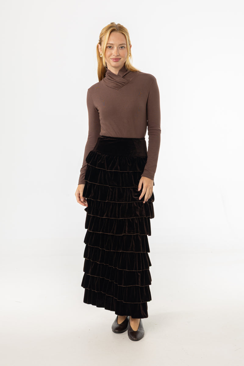 Brown Ruffle Velour Maxi Skirt