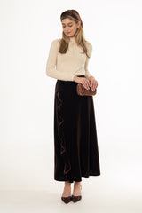 Brown Ruffle Velvet Maxi Skirt