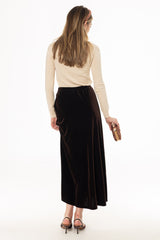 Brown Ruffle Velvet Maxi Skirt