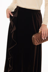 Brown Ruffle Velvet Maxi Skirt