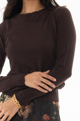 Brown Scalloped Edge Knit Sweater