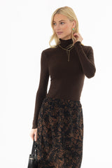 Brown Scalloped Trim Turtleneck