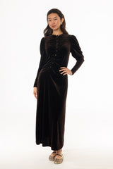 Brown Side Button Velvet Maxi Dress
