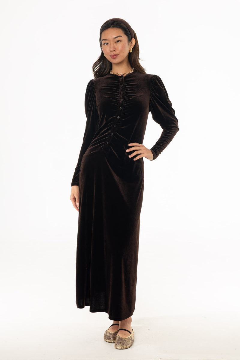 Brown Side Button Velvet Maxi Dress – BLANK