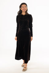 Brown Side Button Velvet Maxi Dress
