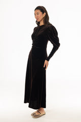 Brown Side Button Velvet Maxi Dress