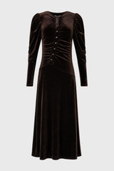 Brown Side Button Velvet Maxi Dress
