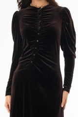 Brown Side Button Velvet Maxi Dress