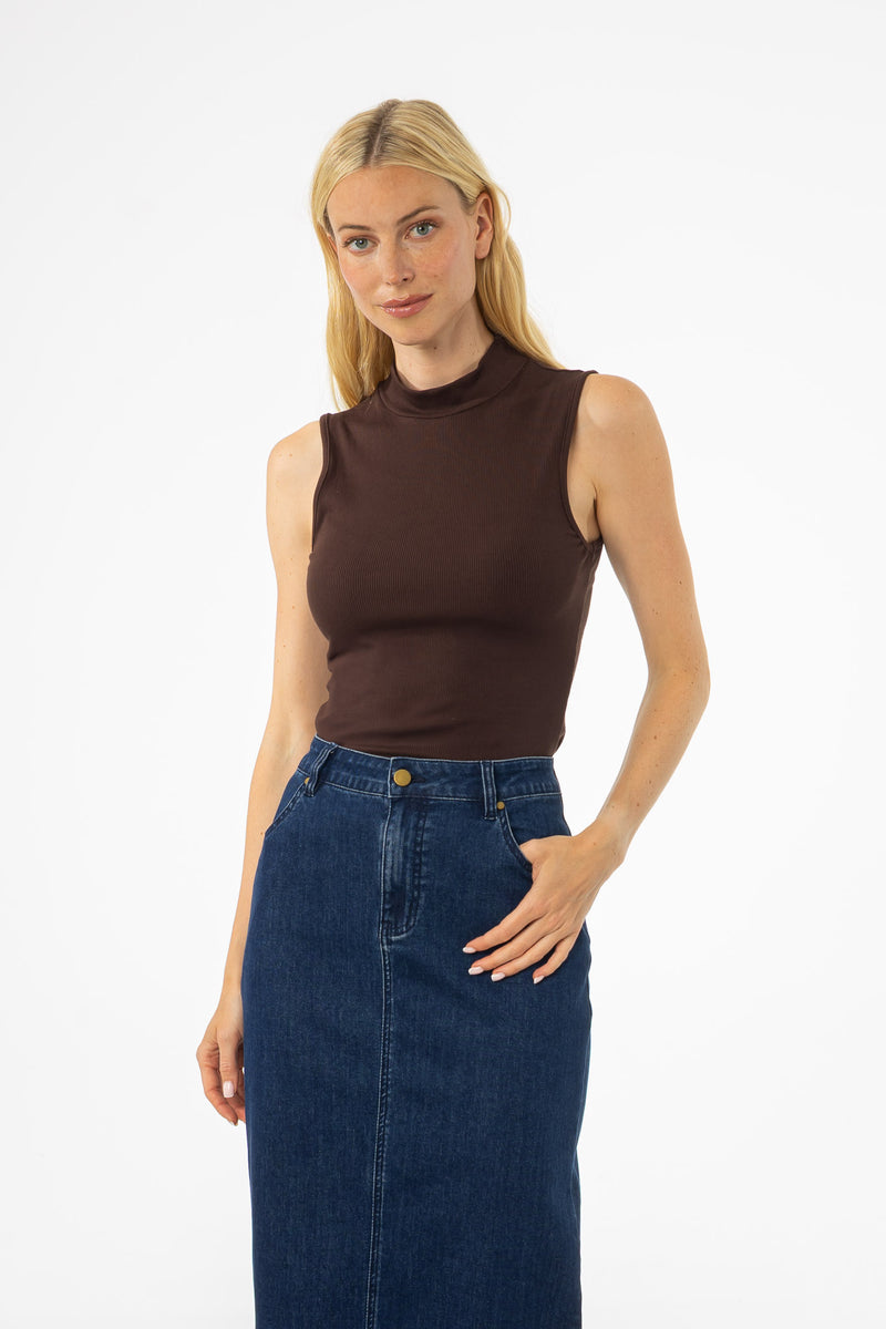 Brown Ribbed Sleeveless Mock Neck Top