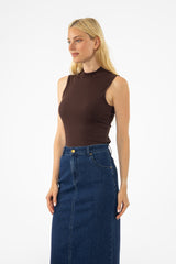 Brown Ribbed Sleeveless Mock Neck Top