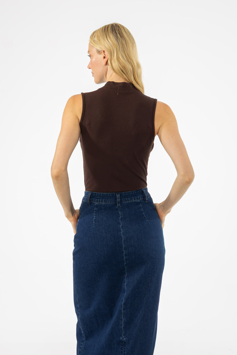 Brown Ribbed Sleeveless Mock Neck Top