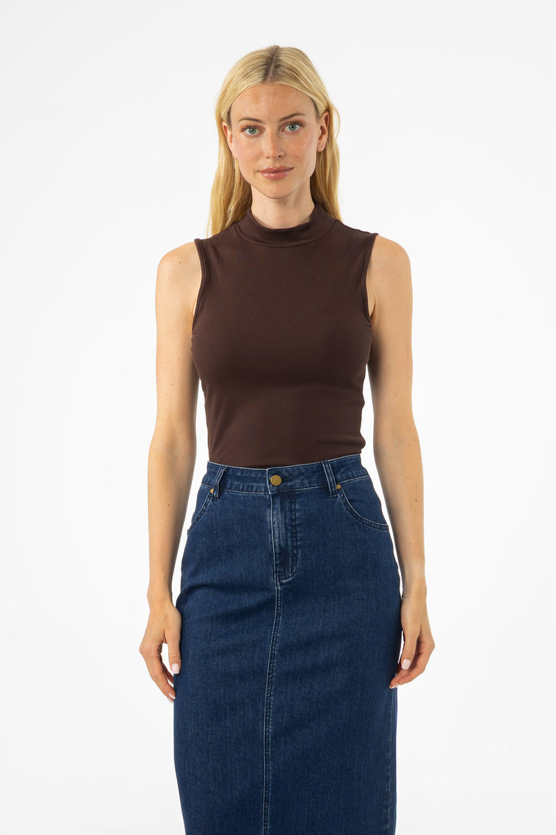 Brown Ribbed Sleeveless Mock Neck Top