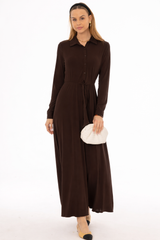Brown Slinky Button Tie Maxi Dress