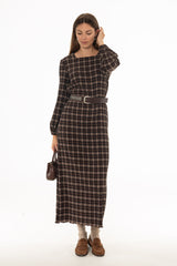 Brown Square Neck Plisse Maxi Dress