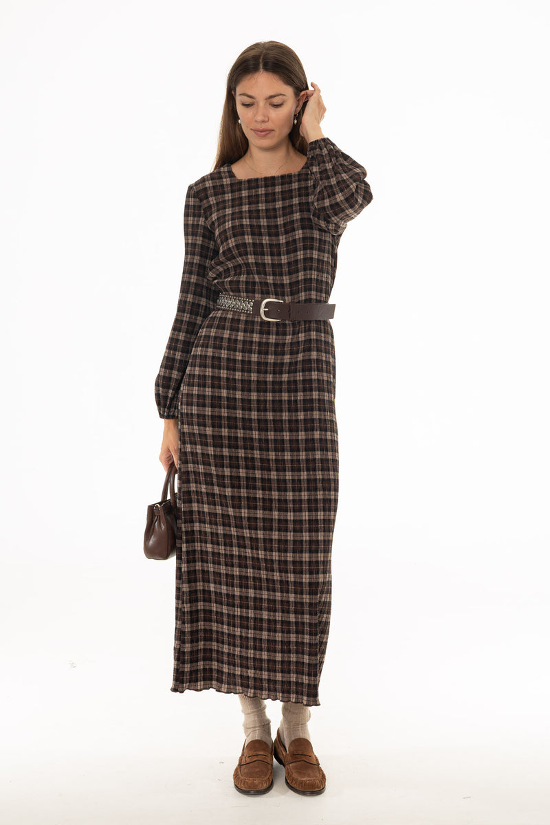 Brown Square Neck Plisse Maxi Dress – BLANK