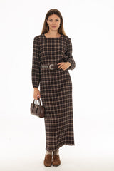 Brown Square Neck Plisse Maxi Dress