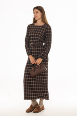 Brown Square Neck Plisse Maxi Dress