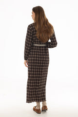 Brown Square Neck Plisse Maxi Dress