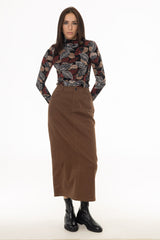 Brown Straight Denim Maxi Skirt