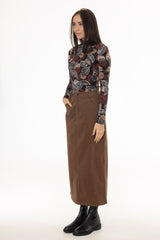 Brown Straight Denim Maxi Skirt