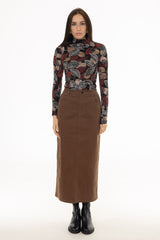 Brown Straight Denim Maxi Skirt