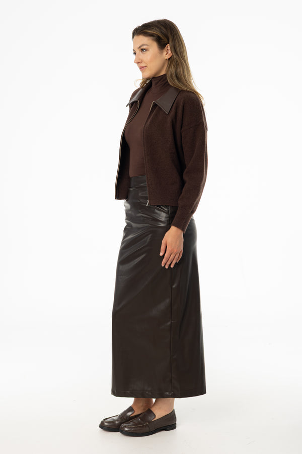 Brown Straight Vegan Leather Skirt
