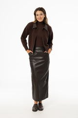 Brown Straight Vegan Leather Skirt