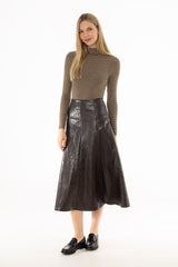 Brown Textured Faux Leather Midi Skirt