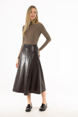 Brown Textured Faux Leather Midi Skirt