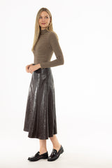 Brown Textured Faux Leather Midi Skirt