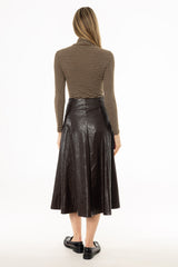 Brown Textured Faux Leather Midi Skirt