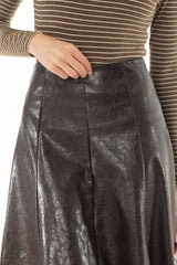 Brown Textured Faux Leather Midi Skirt