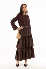 Brown Tiered Silk Feel Maxi Skirt