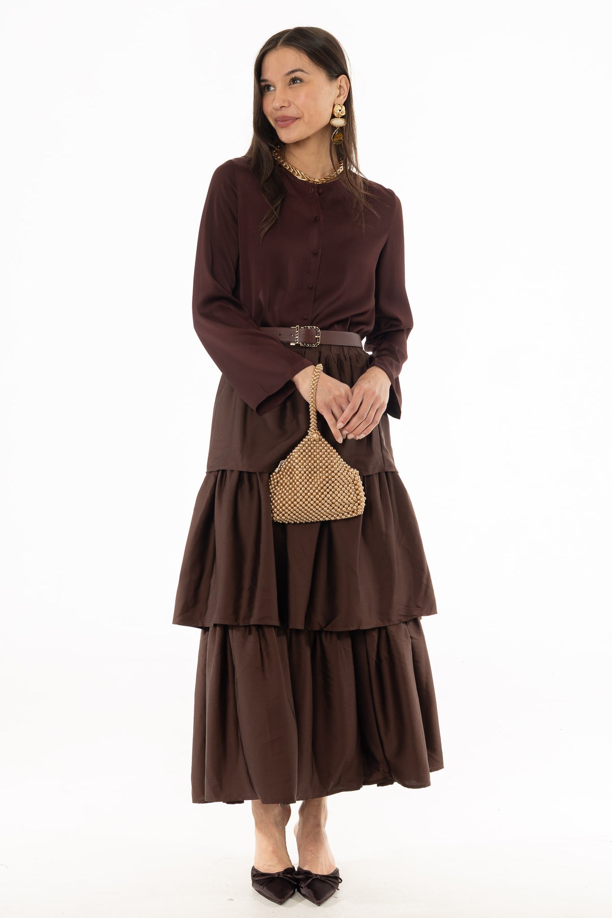 brown dress skirt Tiered Silk Feel Maxi – BLANK Black Faux Leather Strapless A decadent ruffle hem Size:2 - S All Things Plaid
