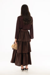 Brown Tiered Silk Feel Maxi Skirt