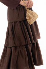 Brown Tiered Silk Feel Maxi Skirt
