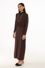 Brown Waisted Turtleneck Maxi Dress