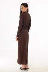 Brown Waisted Turtleneck Maxi Dress