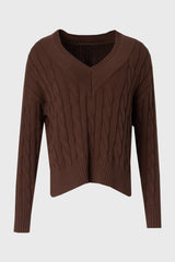 Brown V-Neck Cable Knit Sweater