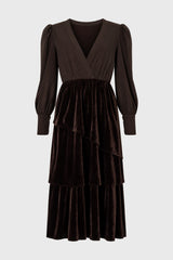 Brown V Neck Tiered Maxi Dress
