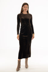 Brown Velvet Loop Drape Maxi Dress