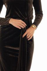 Brown Velvet Loop Drape Maxi Dress