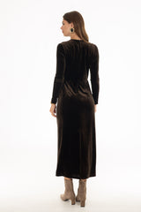 Brown Velvet Loop Drape Maxi Dress