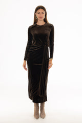 Brown Velvet Loop Drape Maxi Dress