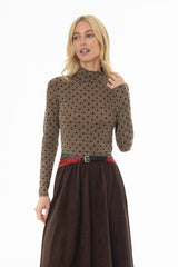 Brown Velvet Printed Turtleneck Top